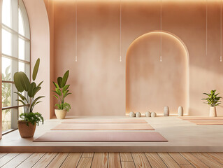 Modern aesthetic rounded arch boutique fitness studio in beige and pink for yoga and pilates with plants