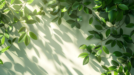 Bushes with green leaves on the surface of a white cement wall with free space.