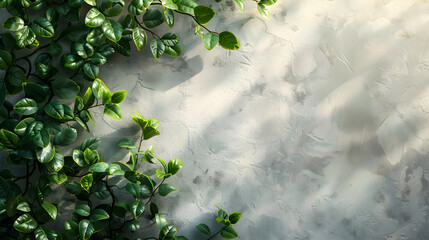 Bushes with green leaves on the surface of a white cement wall with free space.