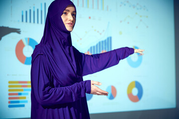 Arabian woman stands near presentation board with graphs, maps and pointing to drawing audience's...