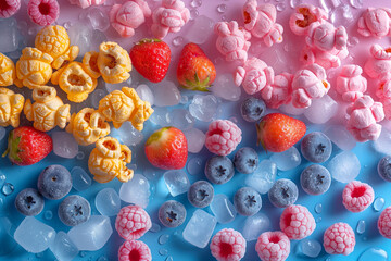 Popcorn of different colors with fruit and berry flavors on abstract background