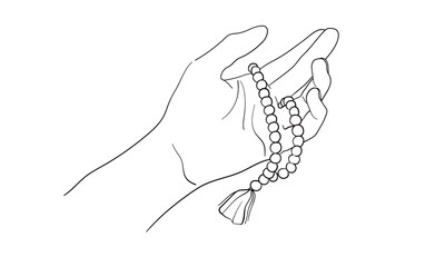 Hand with rosary in line art style drawing on white background. Religious items. Meditation. Vector illustration
