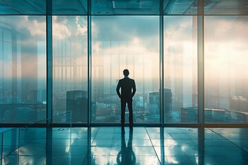 Fototapeta na wymiar AI Generated businessman standing in office in front of a floor-to-ceiling glass window.