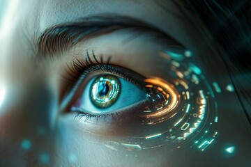 Digitales Auge eines weiblichen Cyborgs in Nahaufnahme  - obrazy, fototapety, plakaty