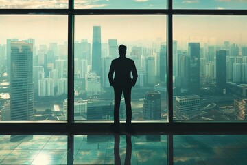 Fototapeta na wymiar AI Generated businessman standing in office in front of a floor-to-ceiling glass window.