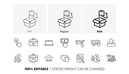 Wash hands, Coins bags and Hypoallergenic tested line icons. Pack of Analytics graph, Delivery location, Checkbox icon. First aid, Payment click, Computer keyboard pictogram. Line icons. Vector