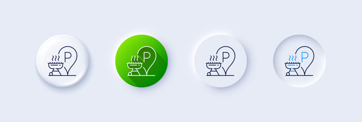 Grill place line icon. Neumorphic, Green gradient, 3d pin buttons. Barbecue cooker for cooking food sign. Hot meat brazier symbol. Line icons. Neumorphic buttons with outline signs. Vector - obrazy, fototapety, plakaty