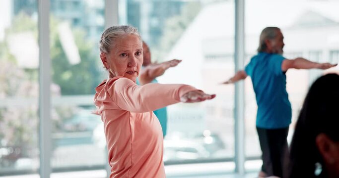 Exercise, stretching and senior people in yoga class for fitness, training and cardio workout in gym. Sports, retirement and elderly men and women with equipment for wellness, pilates and health club