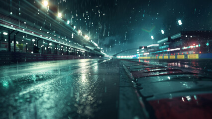 Fototapeta na wymiar Rain-soaked street under city lights reflecting on wet surfaces at night.
