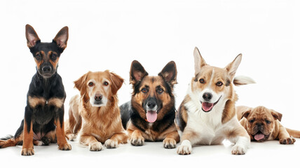 Lineup of assorted dogs posing side by side on white background.