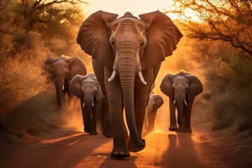 Majestic herd of elephants gracefully walking in their natural habitat, wildlife image for sale