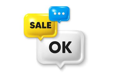 Discount speech bubble offer 3d icon. OK text tag. Approved okay message. Done or Good deal symbol. OK discount offer. Speech bubble sale banner. Discount balloon. Vector