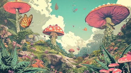 Fototapeta premium psychedelic trippy wonderland landscape with mushrooms, flowers, butterflies, fantasy bright neon illustration, AI generated