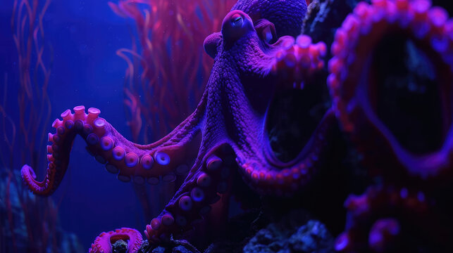 Octopus on the seabed in purple colors