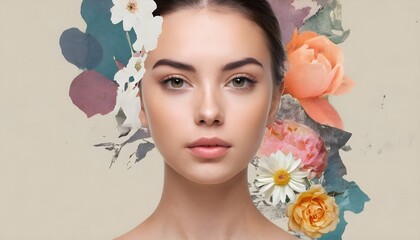 Fototapeta premium Abstract art collage of young woman with flowers