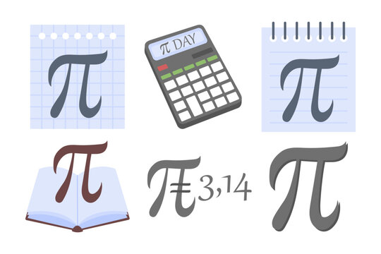 Pi Day illustrations set, annual celebration of the mathematical constant pi. Pi Day on March 14. International Day of Mathematics. PI set. Mathematics and arithmetic, calculations on calculator.