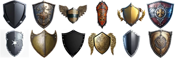 Fotobehang A collection of various shields, showcasing a diverse range of designs and colors. Set of 12 different isolated shields with transparent backgrounds. Realistic, fantasy, cartoon, abstract image, each  © Roman