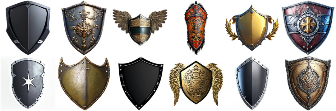 A collection of various shields, showcasing a diverse range of designs and colors. Set of 12 different isolated shields with transparent backgrounds. Realistic, fantasy, cartoon, abstract image, each 