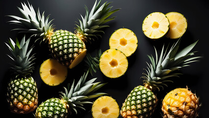 Pineapples on a black surface. Top view, fruits and vegetables