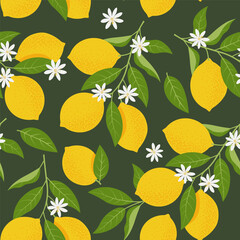 Tropical seamless pattern with yellow lemon branches. Citrus Fruit background. Vector Illustration in flat style