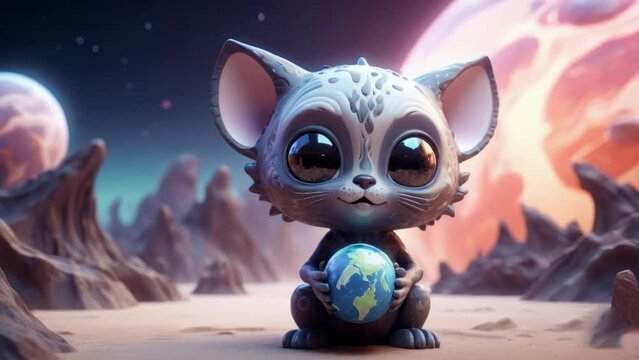 A lonely cute alien animal, similar to a cat, holds the planet in its paws. looped video