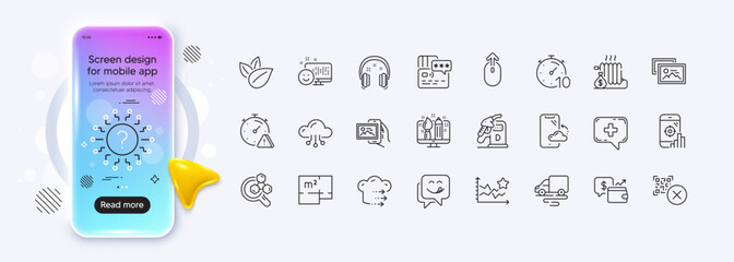 Seo phone, Card and Headphones line icons for web app. Phone mockup gradient screen. Pack of Qr code, Chemistry lab, Swipe up pictogram icons. Radiator, Delivery route, Question mark signs. Vector