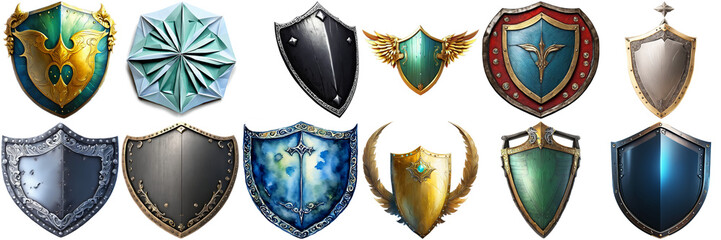 A collection of various shields, showcasing a diverse range of designs and colors. Set of 12 different isolated shields with transparent backgrounds. Realistic, fantasy, cartoon, abstract image, each 