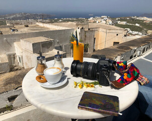 Photographer's coffee break with view in Santorini.