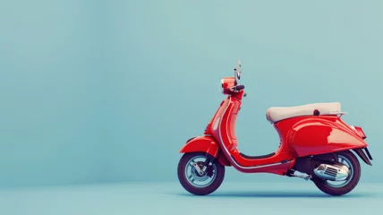 Tuinposter Iconic red scooter stands against a seamless blue background. © VK Studio