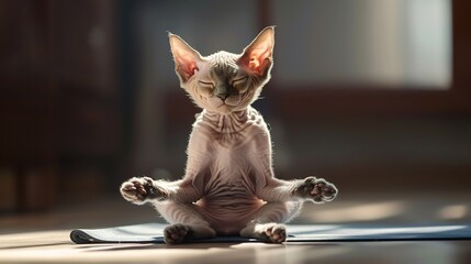 a wise and meditative cute devon rex cat in yoga pose 
