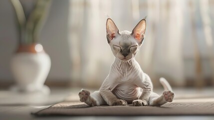 a wise and meditative cute devon rex cat in yoga pose 