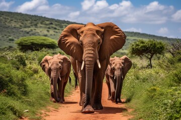 Obraz premium Large herd of majestic elephants on a stroll through the vast african savannah wilderness