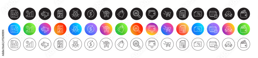 Aufkleber business targeting, card and report document line icons. round icon gradient buttons. pack of debit 