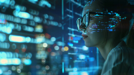 Thoughtful female programmer interfacing with advanced digital technology.