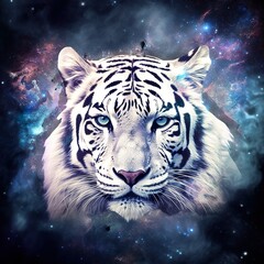 White tiger with blue eyes in the galaxy