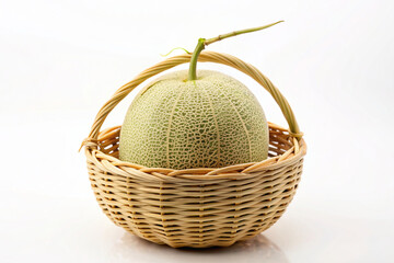 cantaloupe fruit in basket isolated on white