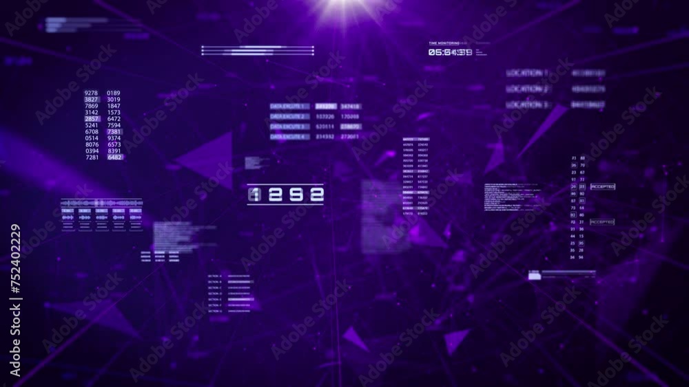 Aufkleber Technology digital low poly line structure cyber data network connection concept. Abstract 3d futuristic purple dashboard simulation 4K motion background.