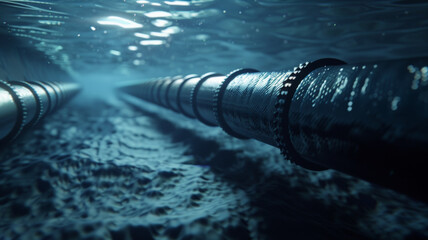 Submerged pipeline underwater, depicting energy transfer in a mysterious marine setting.