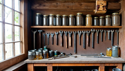 A workshop scene with a shelf of jars, a counter with tools, and a wall of wrenches.