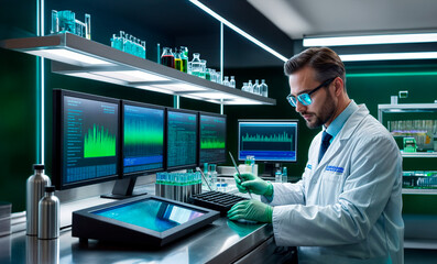 A scientist is working in a laboratory with multiple computer monitors displaying data and graphs.