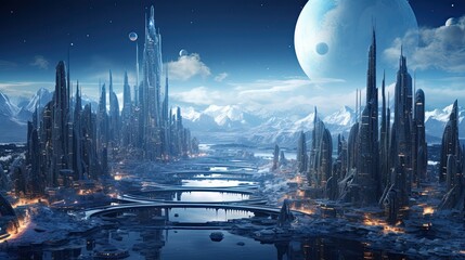 Futuristic Cityscape with Majestic Planets - obrazy, fototapety, plakaty