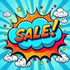 Fototapeta premium Sale! on a cloud in bright colors, pop-art style. AI generated illustration