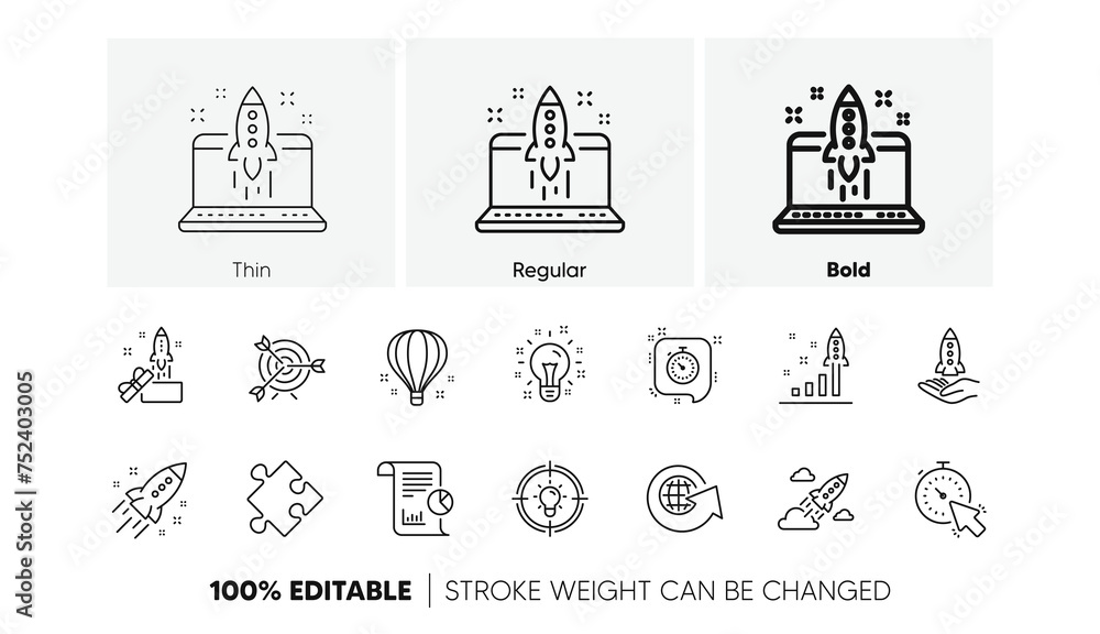 Poster launch project, business report and target. startup line icons. strategy linear icon set. line icons