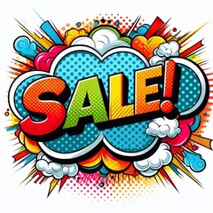 Fototapeta premium Sale! on a cloud in bright colors, pop-art style. AI generated illustration