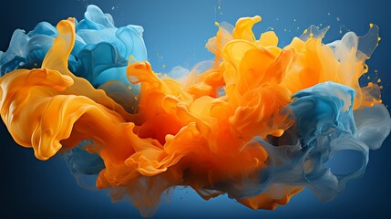 Electric blue and radiant yellow liquids clash, generating a vibrant burst of energy that paints the air with abstract patterns of astonishing beauty. HD camera captures the intense - obrazy, fototapety, plakaty
