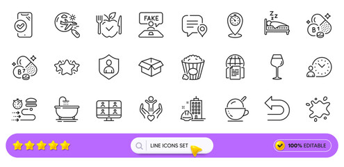 Ice cream, Volunteer and Security line icons for web app. Pack of Bordeaux glass, Vegetarian food, Undo pictogram icons. Video conference, Sleep, Time management signs. Approved phone. Vector