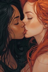 Illustration von zwei sich küssenden und verliebten jungen Frauen  - obrazy, fototapety, plakaty