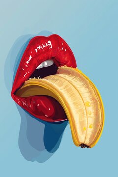 Ein Mund mit roten Lippen und einer Bananenschale als Zunge, lustiges Obst Artwork 