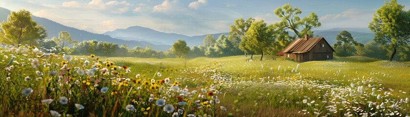 A stunning panoramic vista of a lively rural scenery, featuring a foreground adorned with wildflowers and a distant cottage.