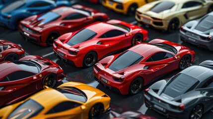 Luxury Cars Showroom - Vibrant Selection, array of high-end sports cars in vivid colors neatly aligned in a showroom, showcasing luxury and performance - obrazy, fototapety, plakaty